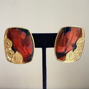 Edgar Berebi swirly brown enamel pierced post earrings goldtone with leaves VTG
